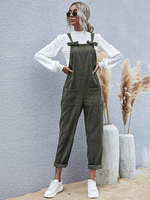Pantalons avec Bretelles en Velours Côtelés Droits à Col Carré Décors avec Noeud avec Poches avec Dos Nu Unicolore
