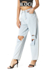 Pantalons Droits en Denim Décontracté Femmes Long Déchiré Fermeture avec Bouton et Zip Bleu Pantalons Femmes