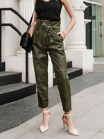 Pantalons Droits Femmes à Cuir Synthétique Vernis à Lacets Elastique avec Poches Unicolore Pantalons Droits Femmes