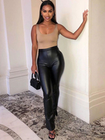 Pantalons en Cuir Synthétique Verni Femme Long Coupe Cintrée Unicolore Sexy