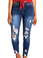 Pantalons en Denim Déchiré Coupe Cintrée à Bouton à Lacets avec Poches Bicolores Moulante