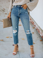 Pantalons en Denim Déchiré Coupe Cintrée à Bouton à Lacets avec Poches Bicolores Moulante