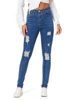 Pantalons en Denim Déchiré Femme Long avec Poches Coupe Cintrée avec Bouton à Zip Unicolore Sexy