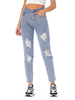 Pantalons en Denim Droits Déchirés Longs Femmes Fermeture à Zip Bicolores avec Poches Pantalons en Denim Droits Longs