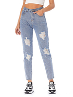 Pantalons en Denim Droits Déchirés Longs Femmes Fermeture à Zip Bicolores avec Poches Pantalons en Denim Droits Longs