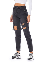 Pantalons en Denim Droits Déchirés Longs Femmes Fermeture à Zip Unicolore avec Poches Pantalons en Denim Droits Longs
