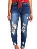 Pantalons en Denim Jean Déchiré Femme avec Poches Coupe Cintrée avec Boutons Bicolores Pantalons Eté