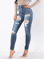 Pantalons en Denim Jean Longue Femme Déchiré Moulant Coupe Cintrée à Zip avec Poches Unicolore