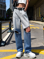 Pantalons en Denim Long Jean Femme Déchiré Coupe Cintrée Bicolores Bas Evasée Unicolore Jean Femme