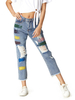 Pantalons Femmes Décontracté Long en Denim Déchirés Cousu Multicolores Pantalons Femmes Denim