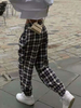 Pantalons Femmes Décontractés Longs Imprimés Carreaux Coupe Cintrée à Bouton et zip Bicolores