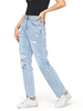 Pantalons Femmes Droits en Denim Long Creusants Déchirés Bleu Clair Pantalons Femmes