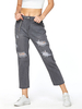 Pantalons Femmes en Denim Creusants Déchirés Gris Décoration avec Chaîne Métale Pantalons Femmes