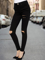 Pantalons Femmes Jean Longs Elastique Moulant Creusants Noir Unicolore Fermeture à Zip Pantalons Femmes