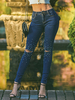 Pantalons Femmes Jean Longs Elastique Moulant en Denim Déchiré Bleu Foncé Décoration avec Les Perles Unicolore Fermeture à Zip Pantalons Femmes