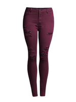Pantalons Femmes Jean Longs Elastique Moulant en Denim Déchiré Borteaux Unicolore Fermeture à Zip Pantalons Femmes