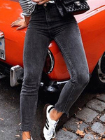 Pantalons Femmes Jean Longs Elastique Moulant en Denim Déchiré Gris Foncé Unicolore Fermeture à Zip Pantalons Femmes