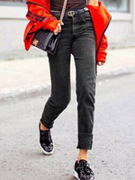 Pantalons Femmes Jean Longs Elastique Moulant en Denim Déchiré Noir Décoration Unicolore Fermeture à Zip Pantalons Femmes