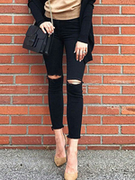 Pantalons Femmes Jean Longs Elastique Moulant en Denim Déchiré Noir Unicolore Fermeture à Zip Pantalons Femmes