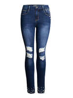 Pantalons Femmes Jean Longs Elastique Moulant en Denim Décorations avec Perles Bleu Unicolore Fermeture à Zip Pantalons Femmes