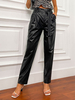 Pantalons Femmes Longs Droits à Cuir Synthétique Vernis Coupe Cintrée avec Ceinture à Lacets et Zip Unicolore