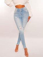 Pantalons Femmes Moulants Long en Denim Bleu Clair Unicolore Fermeture avec Bouton Pantalons Pantalons