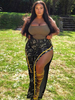 Pantalons Grande Taille Femme Longs Imprimés Camouflages Fente Latérale avec Boutons-pressions à Zip Bicolores Sexy