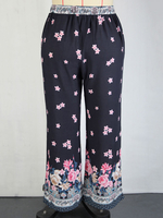 Pantalons grande taille pour femmes Pantalons décontractés surdimensionnés en coton polyester bleu foncé à taille élastique