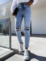 Pantalons Jean en Denim Déchiré Femme Longue Moulant Elastique Coupe Cintrée à Zip avec Bouton Unicolore