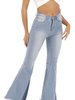 Pantalons Jean Longs avec Fente Bas Evasée Femme Moulant Coupe Cintrée à Zip avec Poches Unicolore