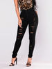 Pantalons Jeans Longs Femmes Creusants Moulants Taille Haute à Zip et Boutons Unicolore Noir Sexy