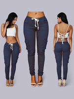 Pantalons Long Décontracté Femme avec Poches Coupe Cintrée à Lacets Elastique Unicolore