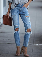 Pantalons Long Denim Jean Femme Déchiré Coupe Cintrée à Zip avec Bouton avec Poches Unicolore
