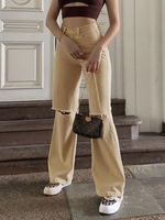 Pantalons Long en Denim Déchiré Femme Coupe Cintrée à Zip avec Poches Unicolore Bas Evasée