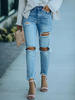 Pantalons Long en Denim Déchiré Moulant Coupe Cintrée à Zip avec Poches Unicolore