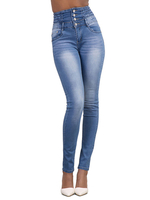 Pantalons Long en Denim Jean Moulant Coupe Cintrée avec Boutons avec Poches Unicolore