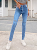Pantalons Long en Denim Moulante Déchiré Coupe Cintrée à Zip avec Bouton avec Poches Unicolore