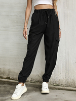Pantalons Long Femme Coupe Cintrée à Lacets Décontracté avec Poches Unicolore