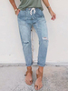 Pantalons Longs en Denim Femme Déchirés Coupe Cintrée à Lacets Elastique Droits Unicolore Pantalons Longs en Denim