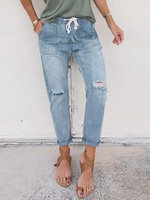 Pantalons Longs en Denim Femme Déchirés Coupe Cintrée à Lacets Elastique Droits Unicolore Pantalons Longs en Denim
