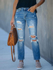 Pantalons Longs en Denim Femme Déchirés Coupe Cintrée à Zip Unicolore Pantalons Longs en Denim