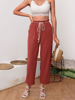 Pantalons Longs Femme Coupe Cintrée à Lacets avec Poches Unicolore