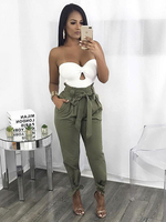 Pantalons Longs Femme Coupe Cintrée à Lacets Unicolore avec Poches