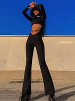 Pantalons Longs Femme Moulants Sexy Coupe Cintrée à Lacets Croisés Unicolore Bas Evasée