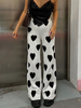 Pantalons longs femme passepoil blanc polyester stretch taille surélevée pantalon droit imprimé coeur noir