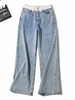 Pantalons Longs Femmes Droits en Denim Coupe Cintrée Elastique avec Poches Bicolores