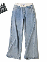 Pantalons Longs Femmes Droits en Denim Coupe Cintrée Elastique avec Poches Bicolores