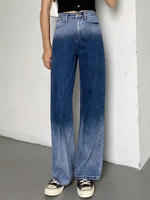 Pantalons Longs Femmes en Denim Droits à Zip avec Poches Cousu Bicolores
