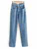 Pantalons Longs Femmes en Denim Droits à Zip avec Poches Unicolore