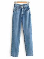 Pantalons Longs Femmes en Denim Droits à Zip avec Poches Unicolore